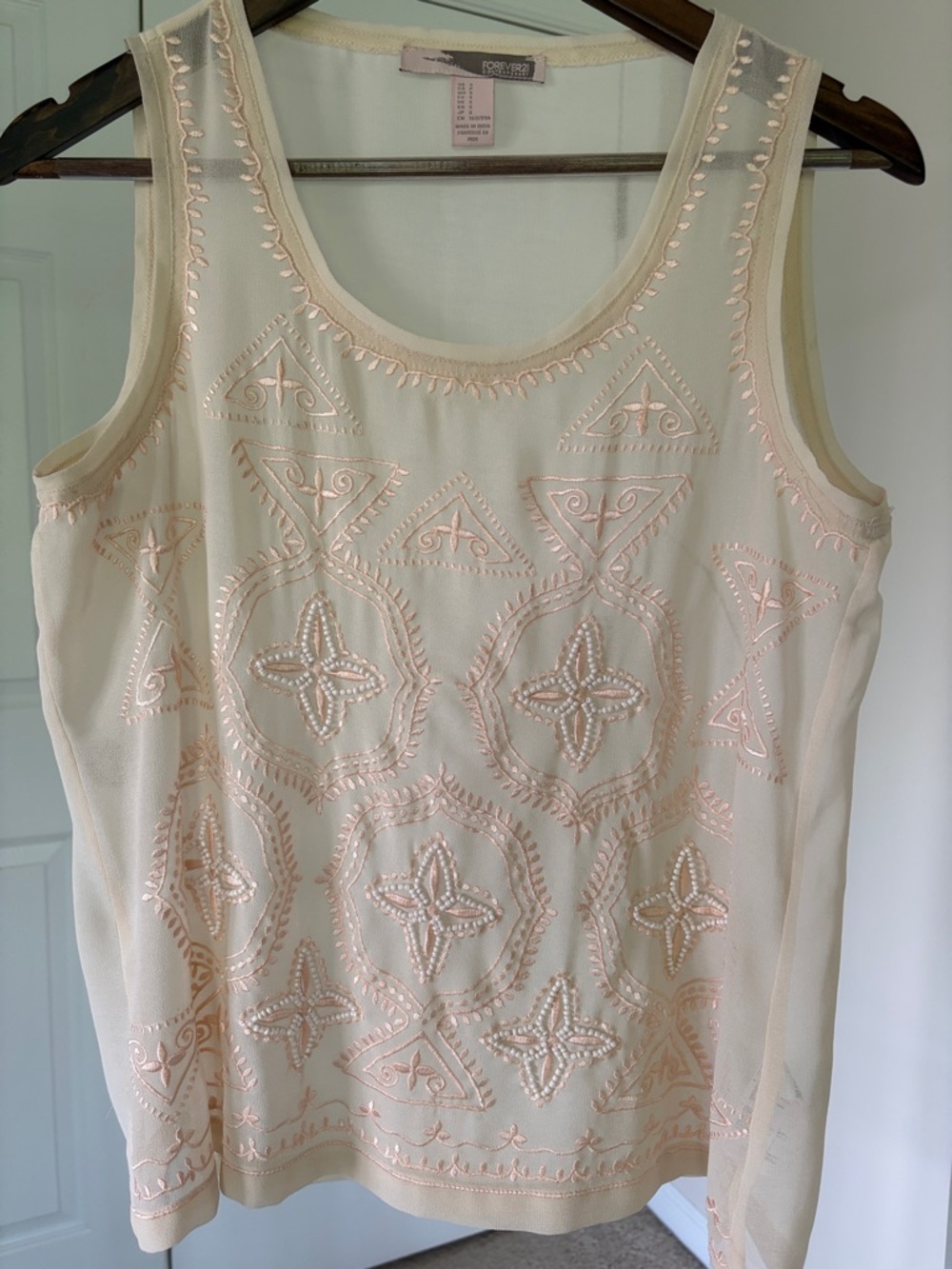 Forever 21 Cream Tank Top with Blush Embroidery and beading